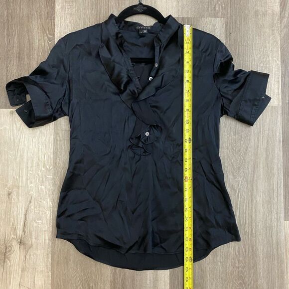 Theory Ebina Black Satin Silk/Spandex Ruffle Blouse Shirt, Sz Large, MP $295 - Picture 3 of 8